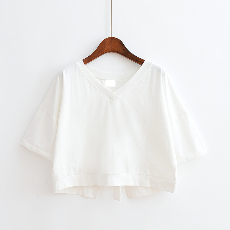 無地 Tシャツ バックリボン Vネック ショート丈トップス