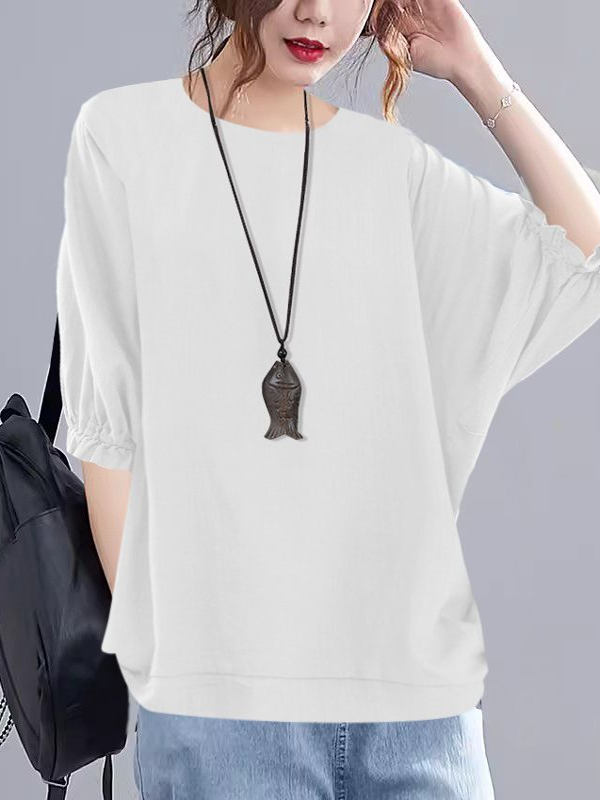 無地 Tシャツ ゆったり袖口ギャザー無地Tシャツ