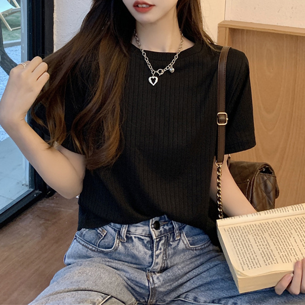無地 Tシャツ 丸首ニット無地半袖シャツ カジュアルトップス