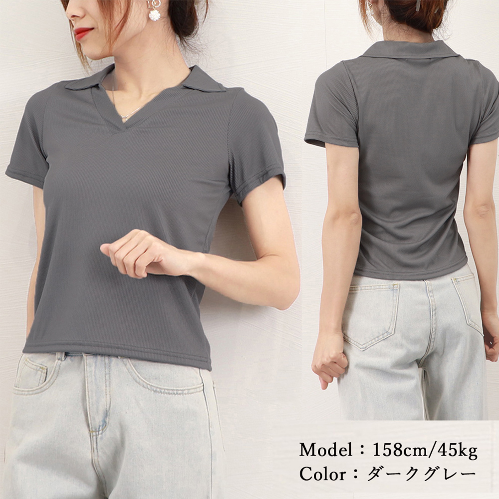 無地 Tシャツ レディース 襟付き 半袖 無地 リブ編み Tシャツ