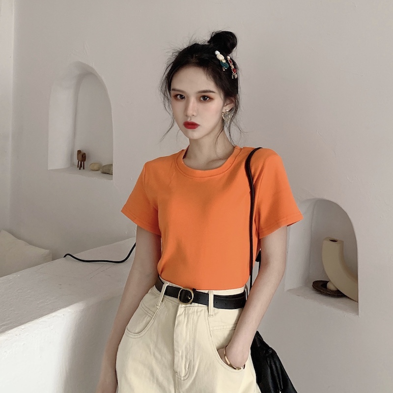 無地 Tシャツ シンプル丸首半袖カットソー