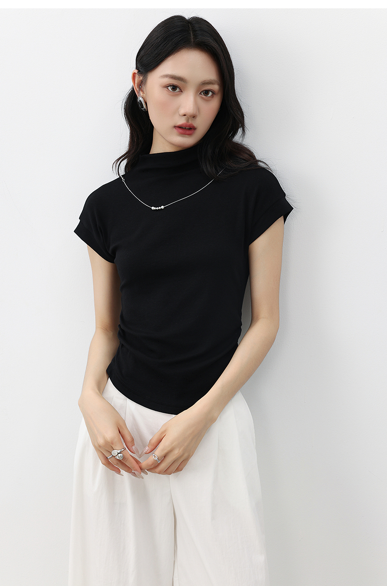 無地 Tシャツ すっきりハイネック無地フレンチ袖
