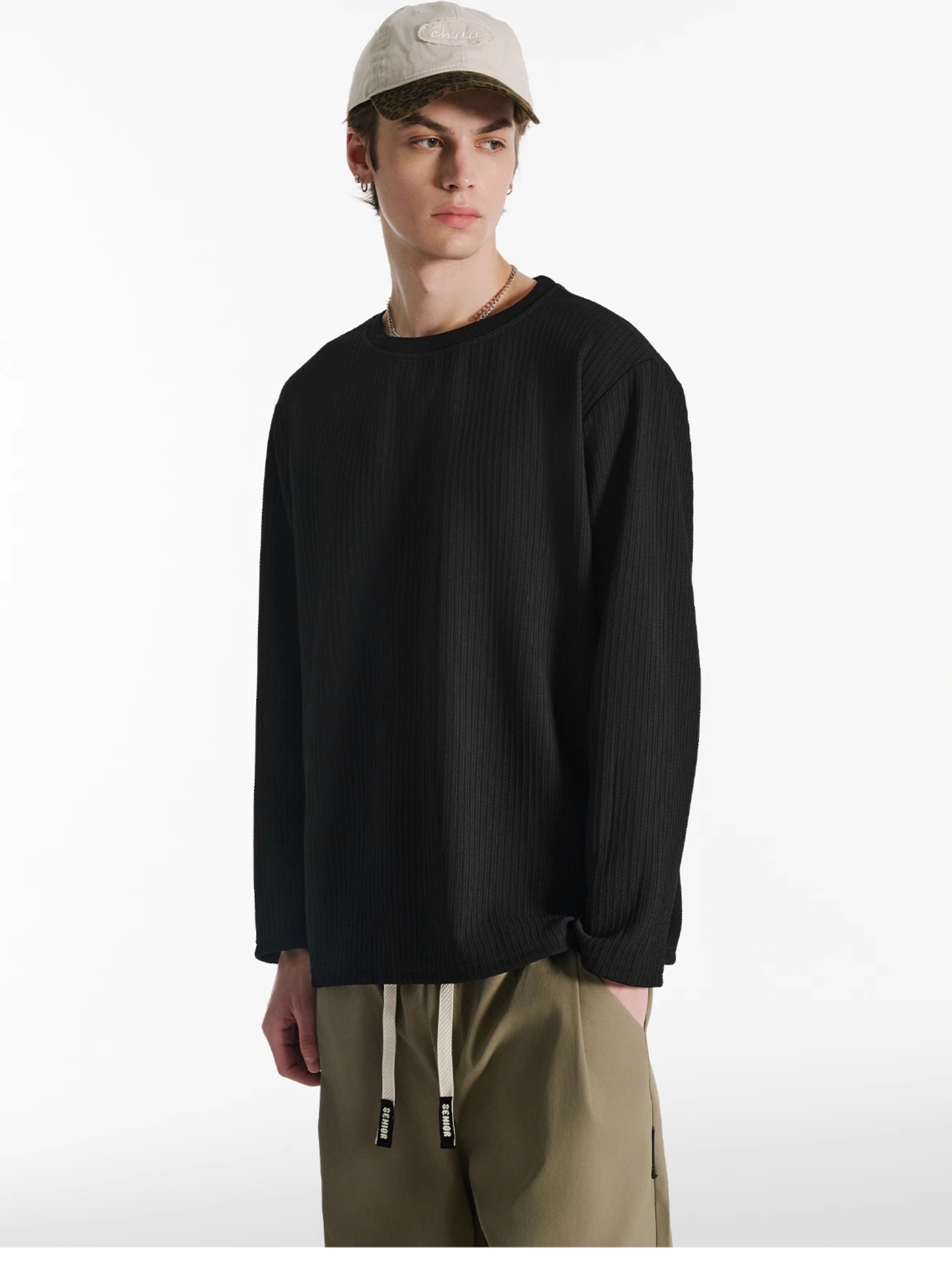 無地 Tシャツ 細リブ編み 長袖 シンプルプルオーバー