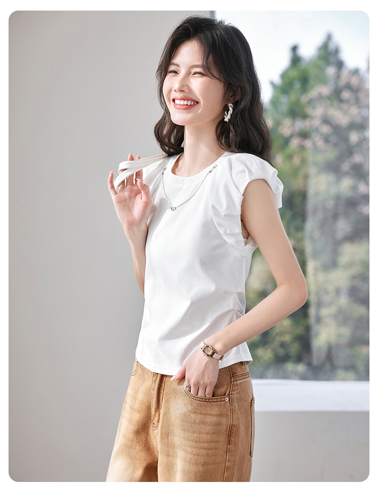 無地 Tシャツ 肩フリル デザイン 上質 無地Tシャツ