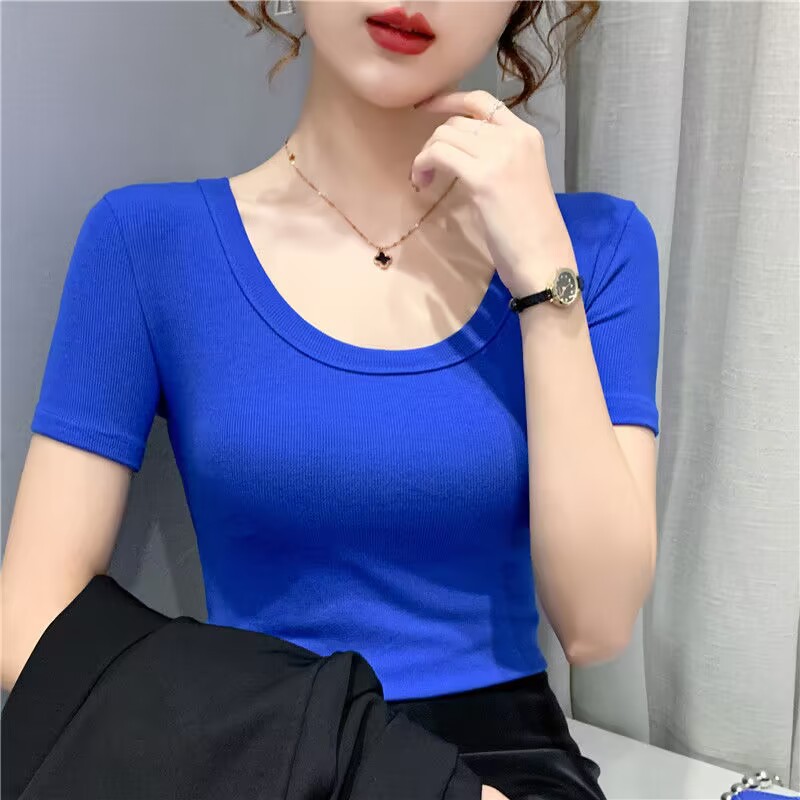 無地 Tシャツ 優美なラインの丸首リブカットソー