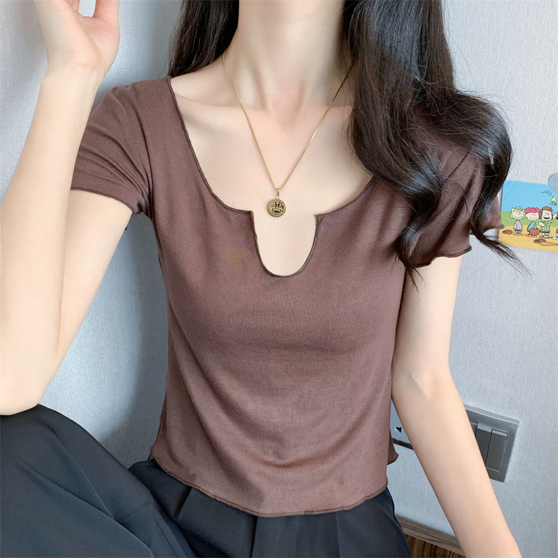 無地 Tシャツ ノッチネック シンプル半袖トップス