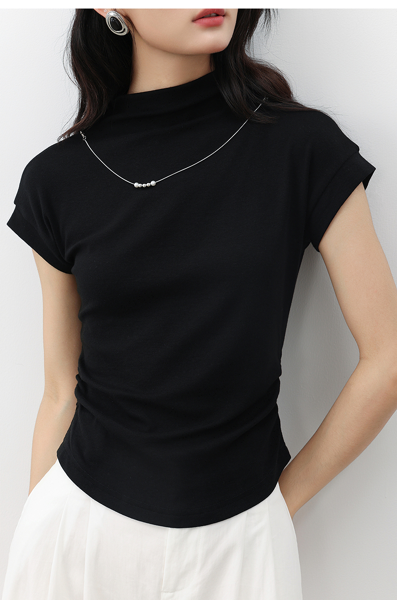 無地 Tシャツ すっきりハイネック無地フレンチ袖