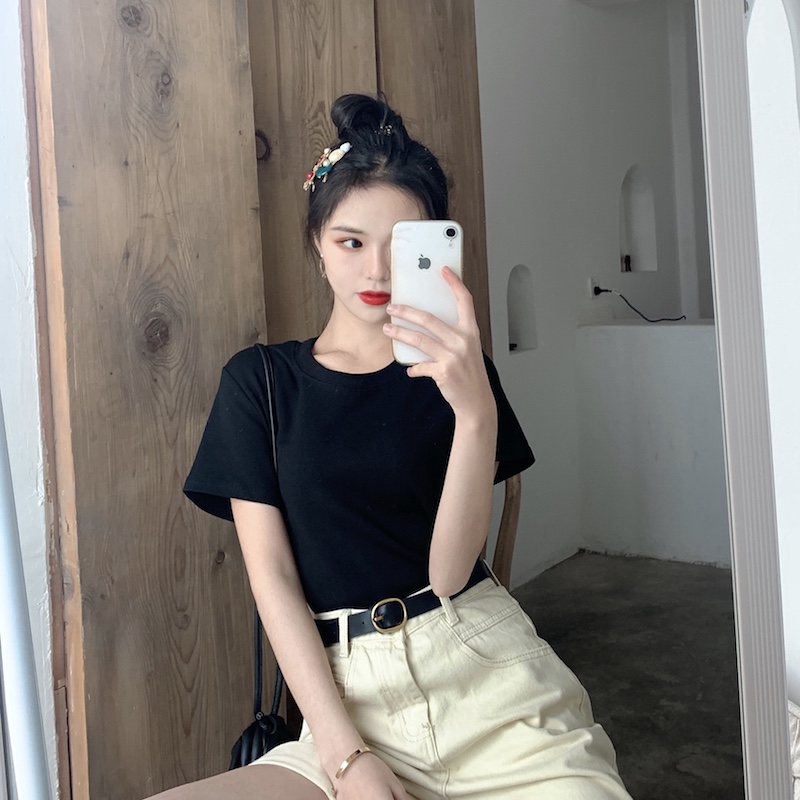 無地 Tシャツ シンプル丸首半袖カットソー
