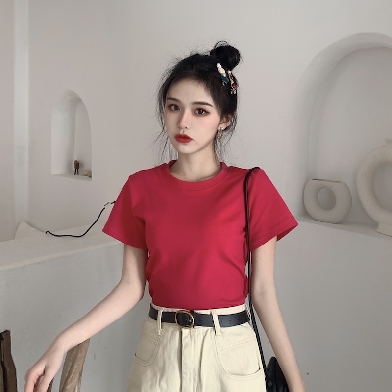 無地 Tシャツ シンプル丸首半袖カットソー