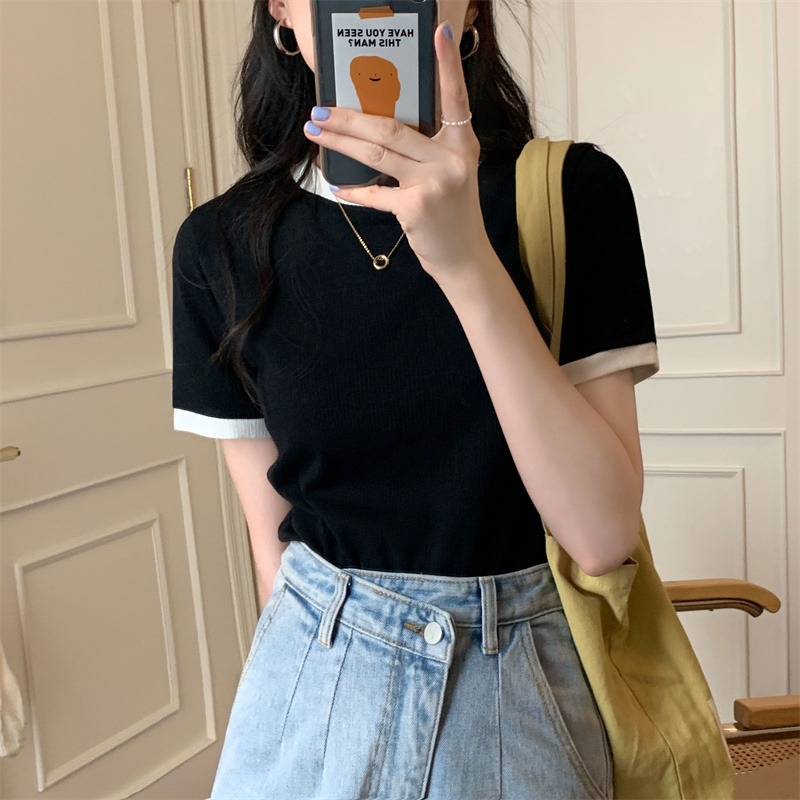 無地 Tシャツ リブ編み丸首半袖シンプル無地Tシャツ