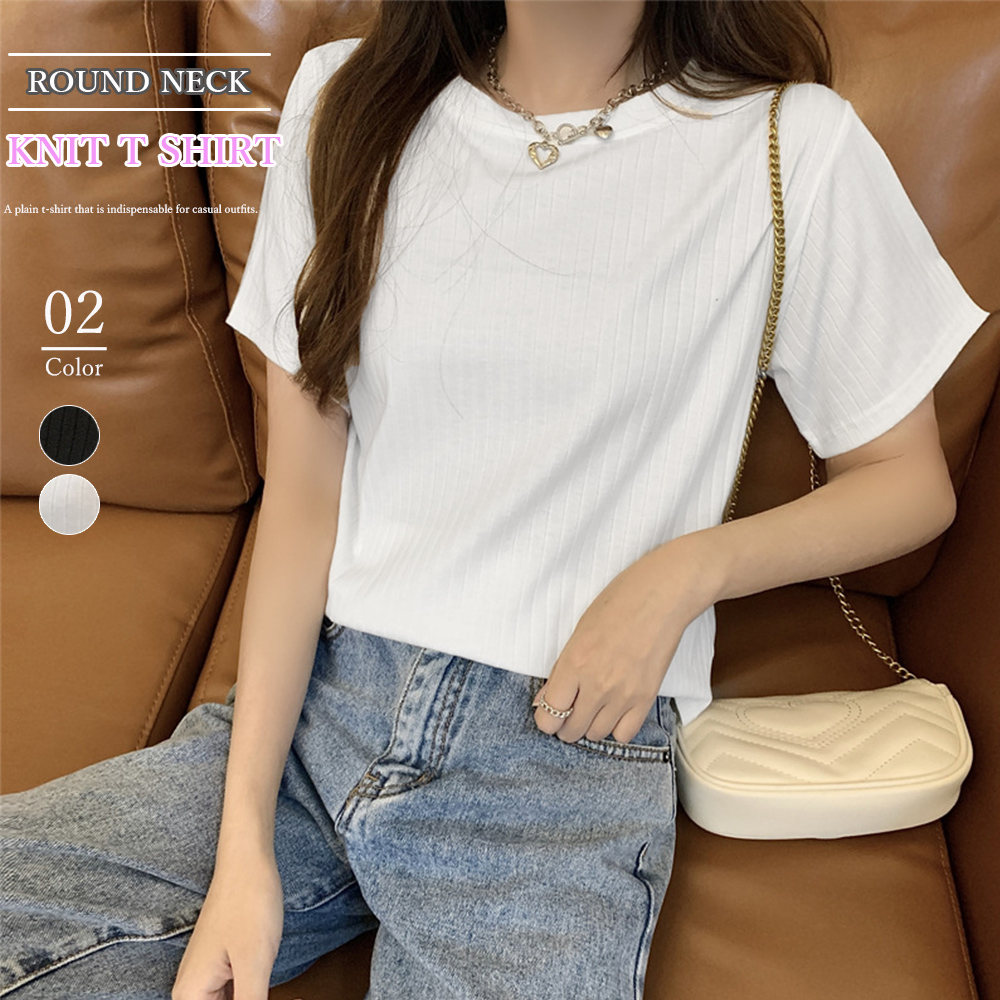 無地 Tシャツ 丸首ニット無地半袖シャツ カジュアルトップス