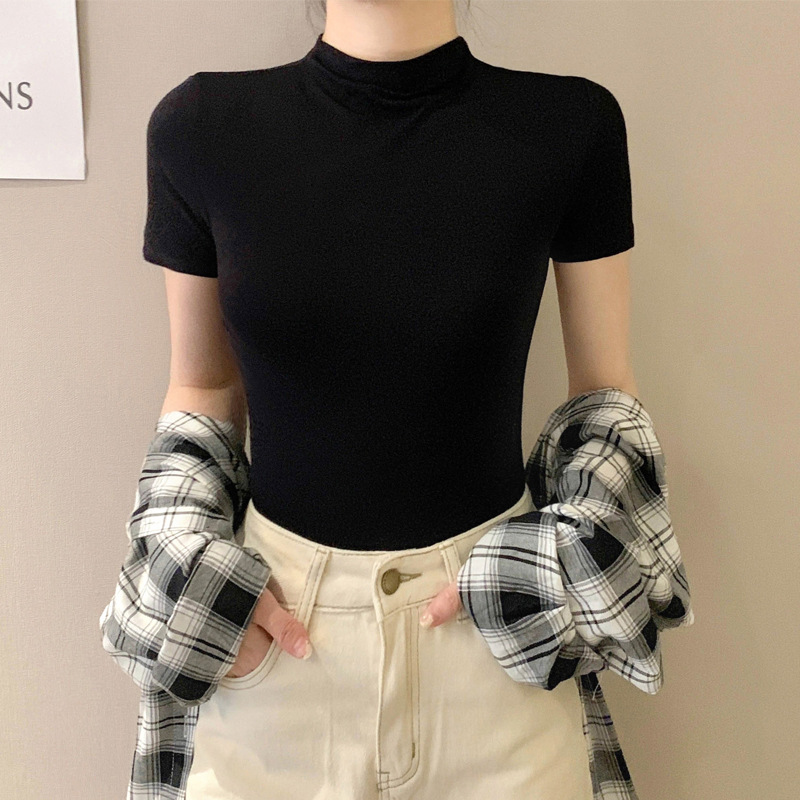 無地 Tシャツ すっきり着こなし モックネック半袖トップス