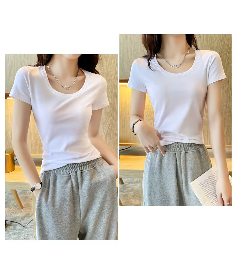 無地 Tシャツ 女性らしさ引き立つ丸首無地半袖