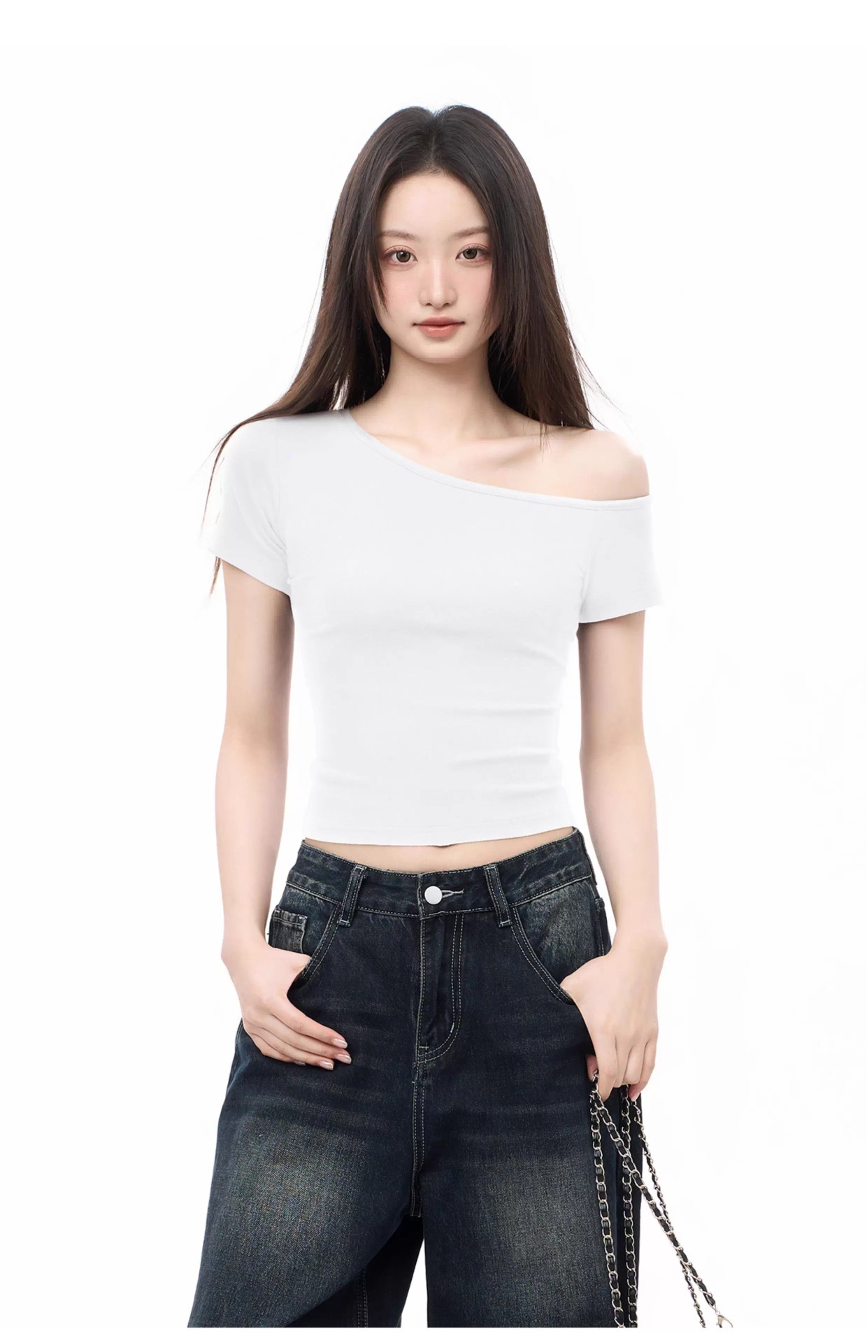 無地 Tシャツ すっきり肩見せショート丈無地カットソー