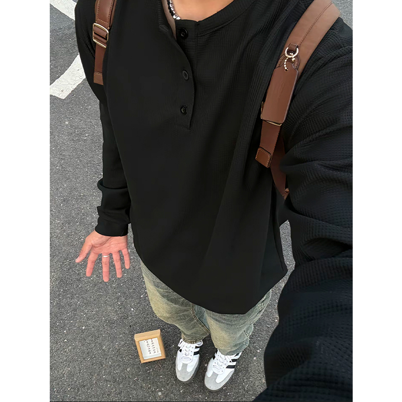 無地 シャツ リブヘンリーネックロングスリーブプルオーバー