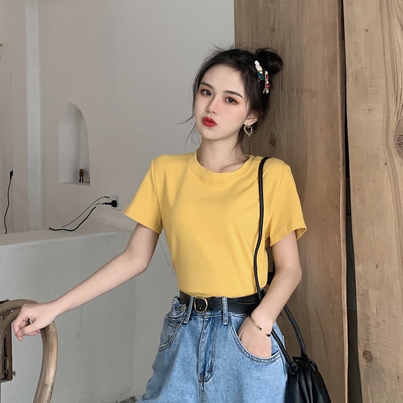 無地 Tシャツ シンプル丸首半袖カットソー
