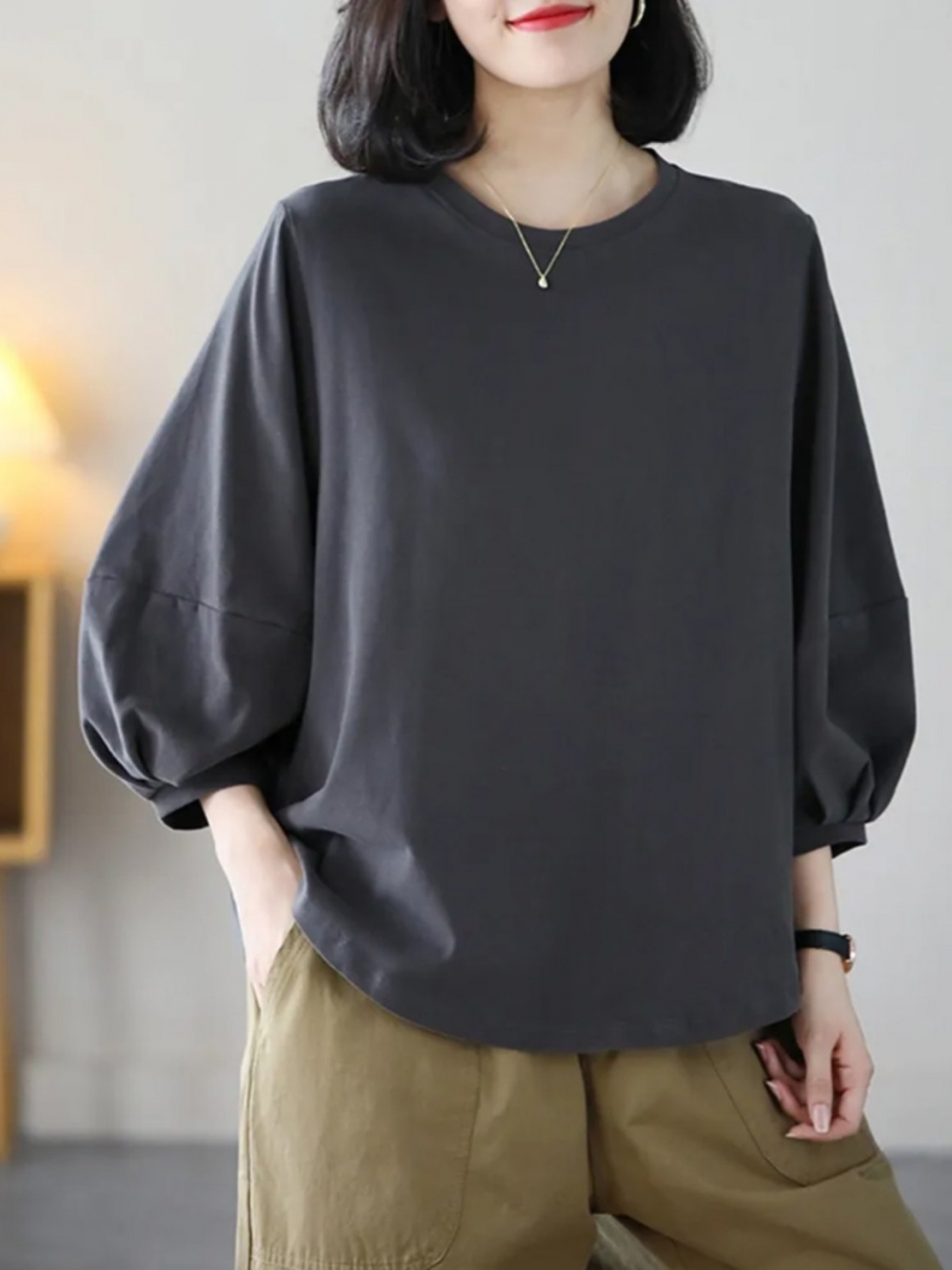 無地 Tシャツ ふんわり袖の上質無地七分袖カットソー
