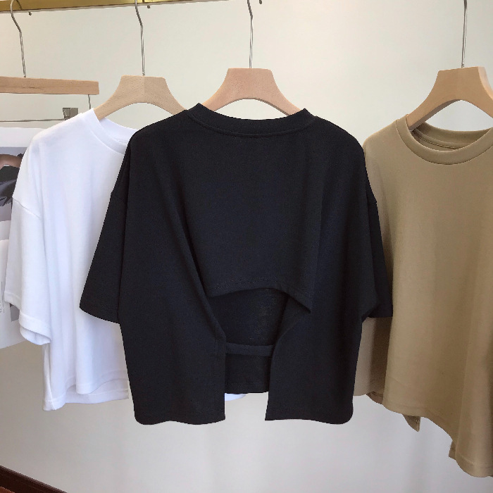 無地 Tシャツ バックデザイン オープン半袖トップス