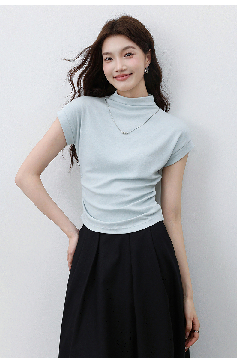 無地 Tシャツ すっきりハイネック無地フレンチ袖