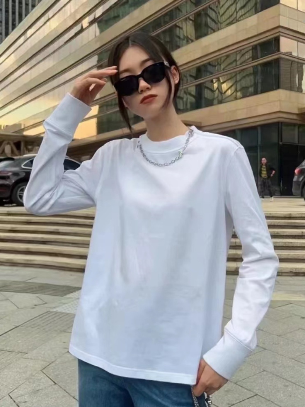 無地 Tシャツ チェーンネックレス付き無地長袖トップス