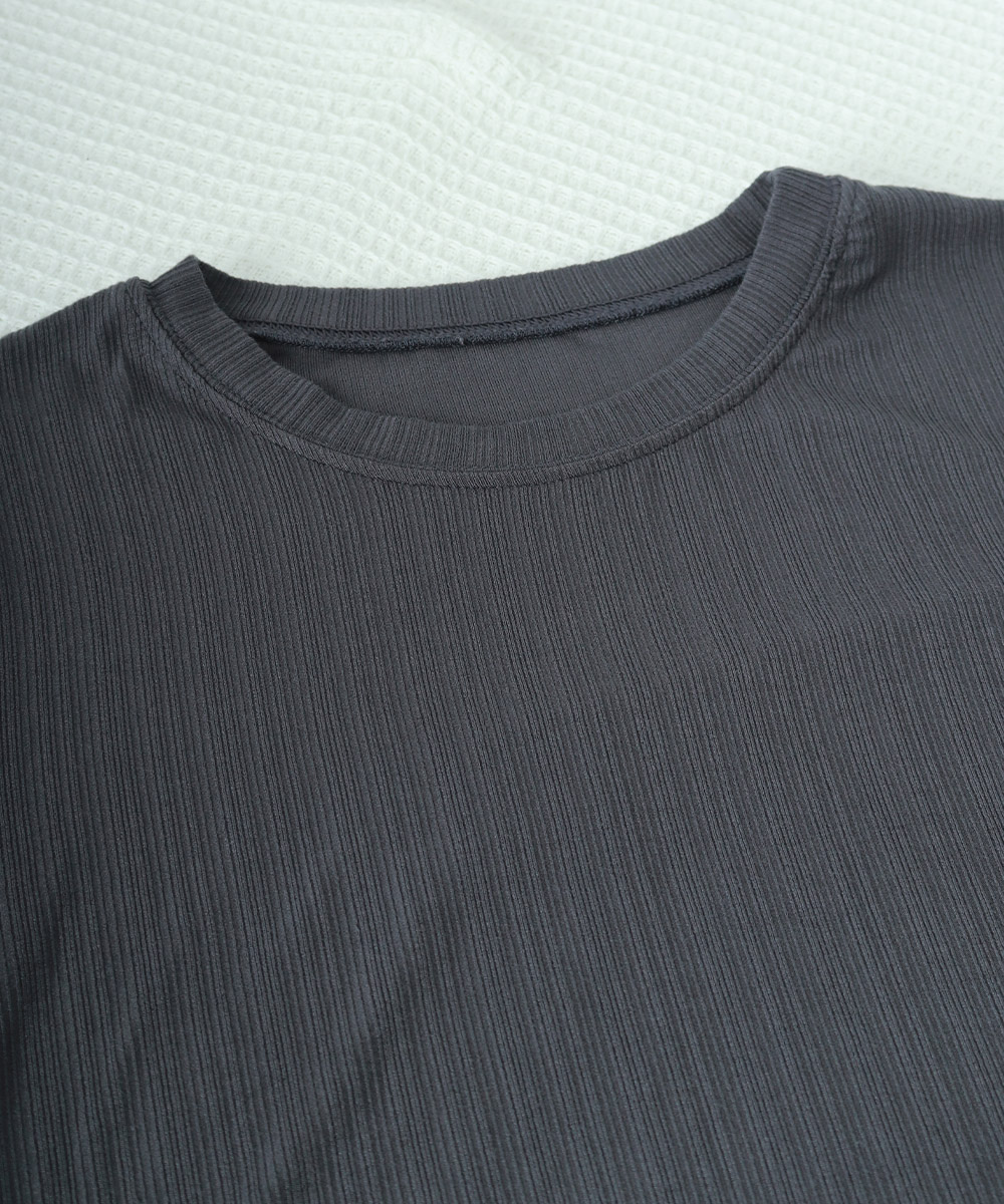無地 Tシャツ リブ編み無地半袖ティーシャツ レディース丸首