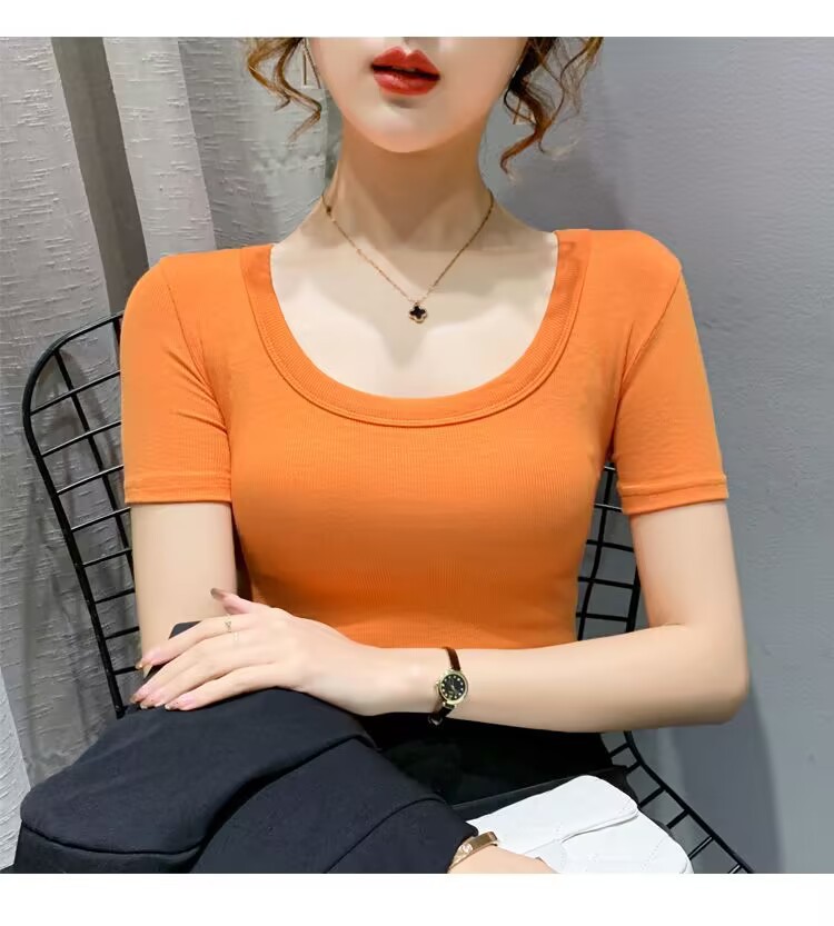 無地 Tシャツ 優美なラインの丸首リブカットソー