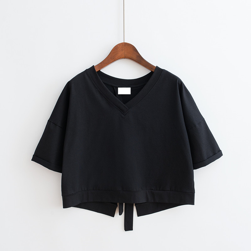 無地 Tシャツ バックリボン Vネック ショート丈トップス