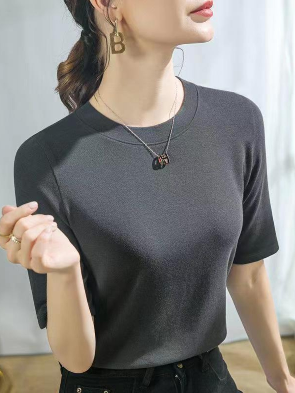 無地 Tシャツ 上質シルエット 五分袖無地カットソー