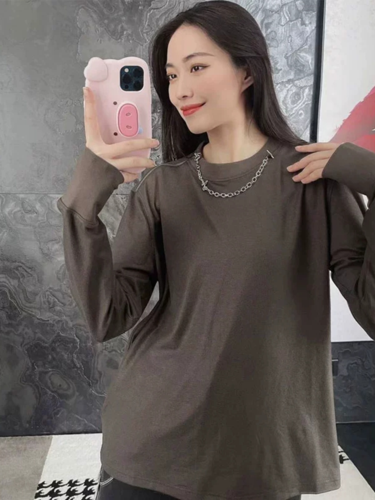 無地 Tシャツ チェーンネックレス付き長袖無地シャツ