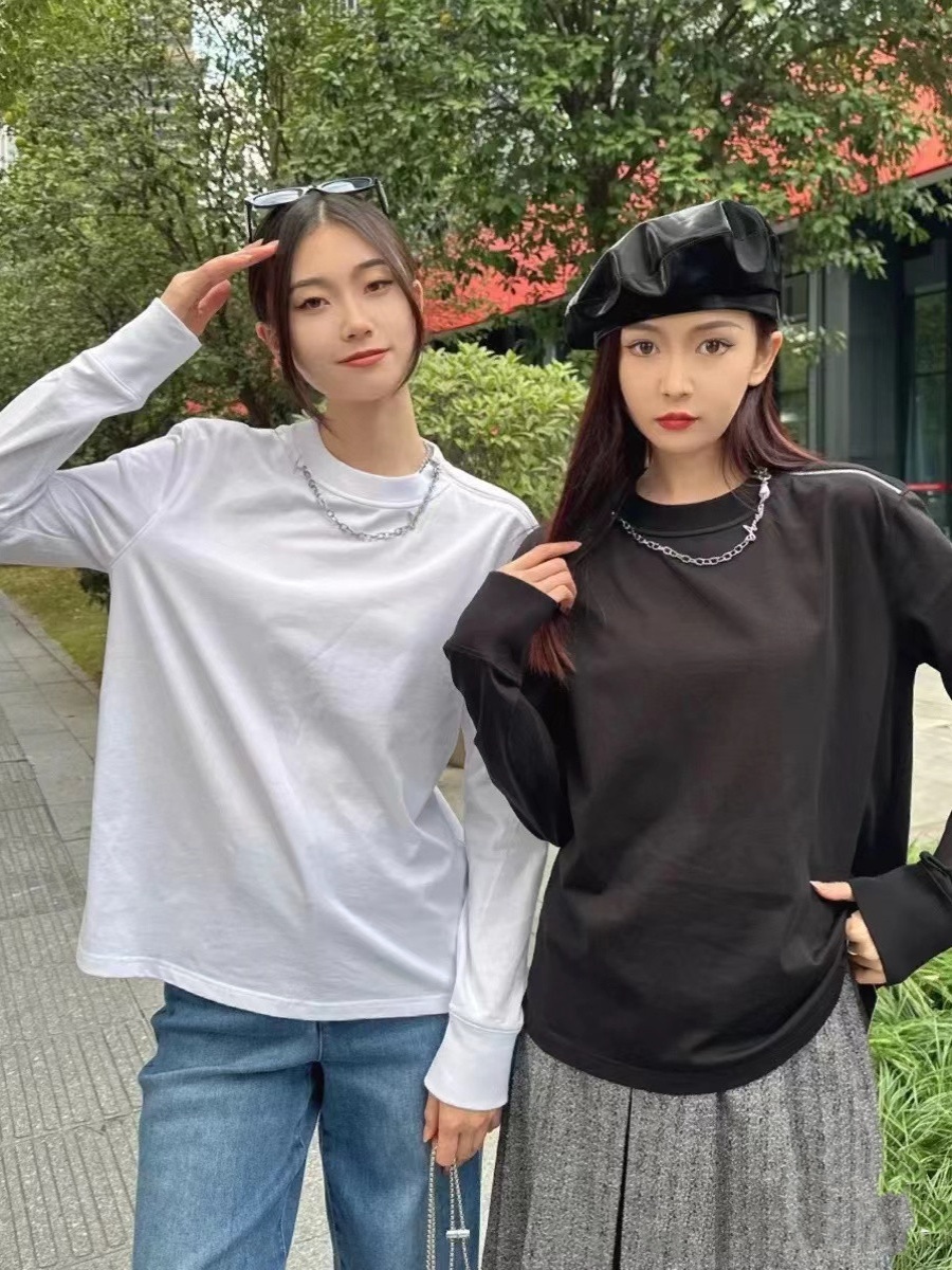 無地 Tシャツ チェーンネックレス付き無地長袖トップス
