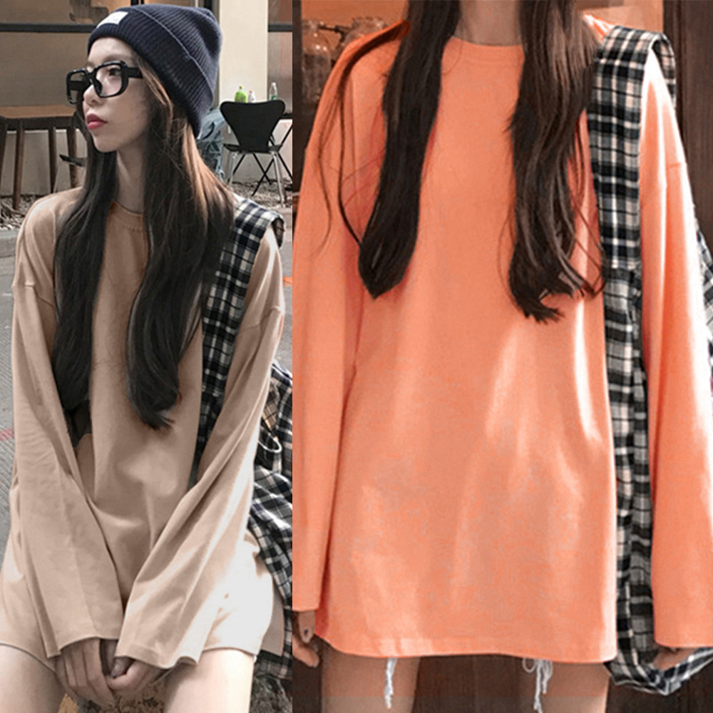 無地 Tシャツ ゆったり体型カバー長袖無地シャツ着痩せ効果