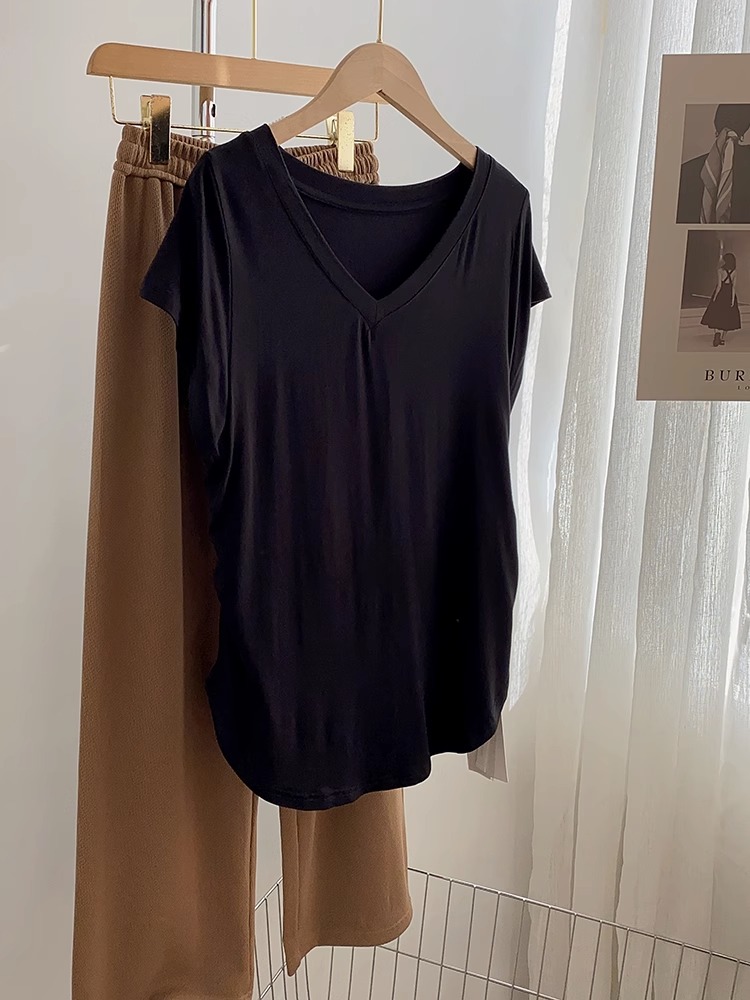 無地 Tシャツ 優美なドレープ感 Vネック半袖