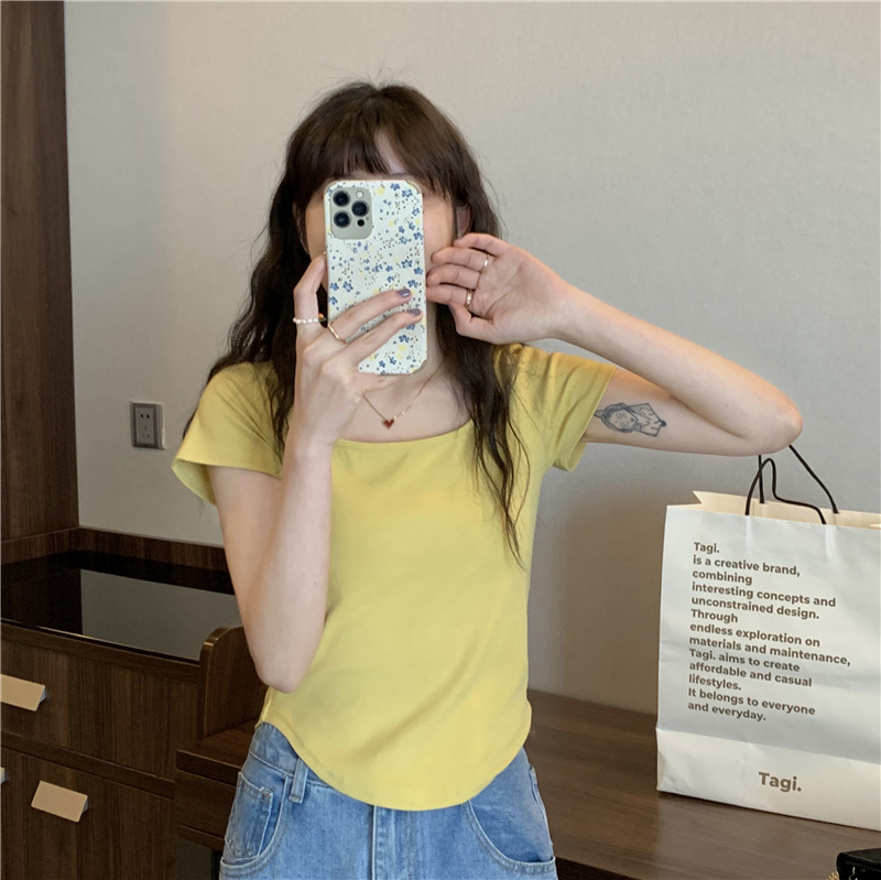 無地 Tシャツ スクエアネック シンプル半袖トップス