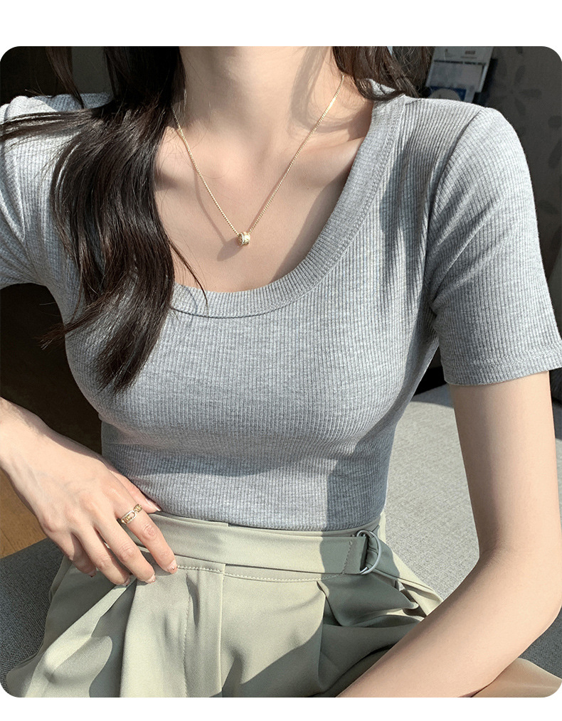 無地 Tシャツ リブ素材スクエアネック半袖トップス