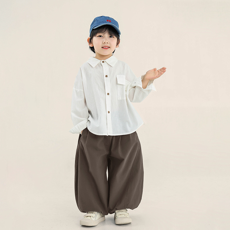 無地シャツ キッズ ゆったりシルエット胸ポケット付き長袖シャツ