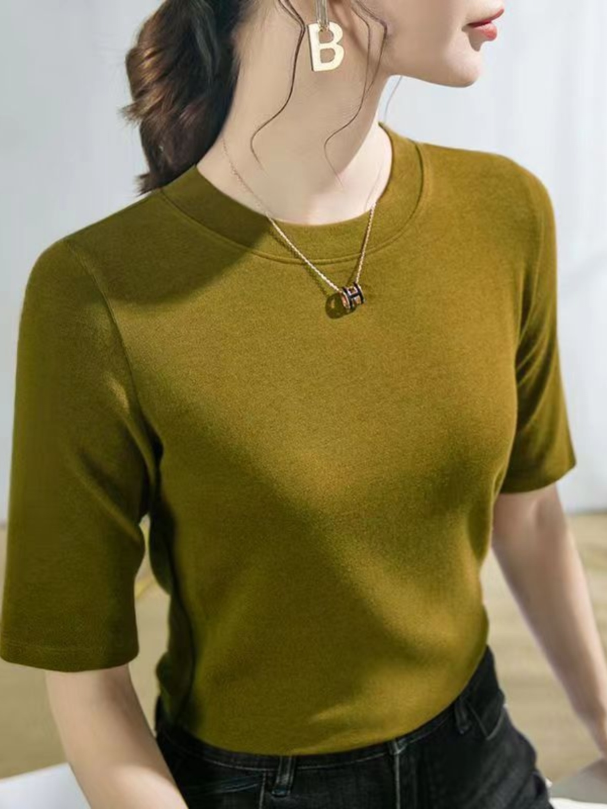 無地 Tシャツ 上質シルエット 五分袖無地カットソー