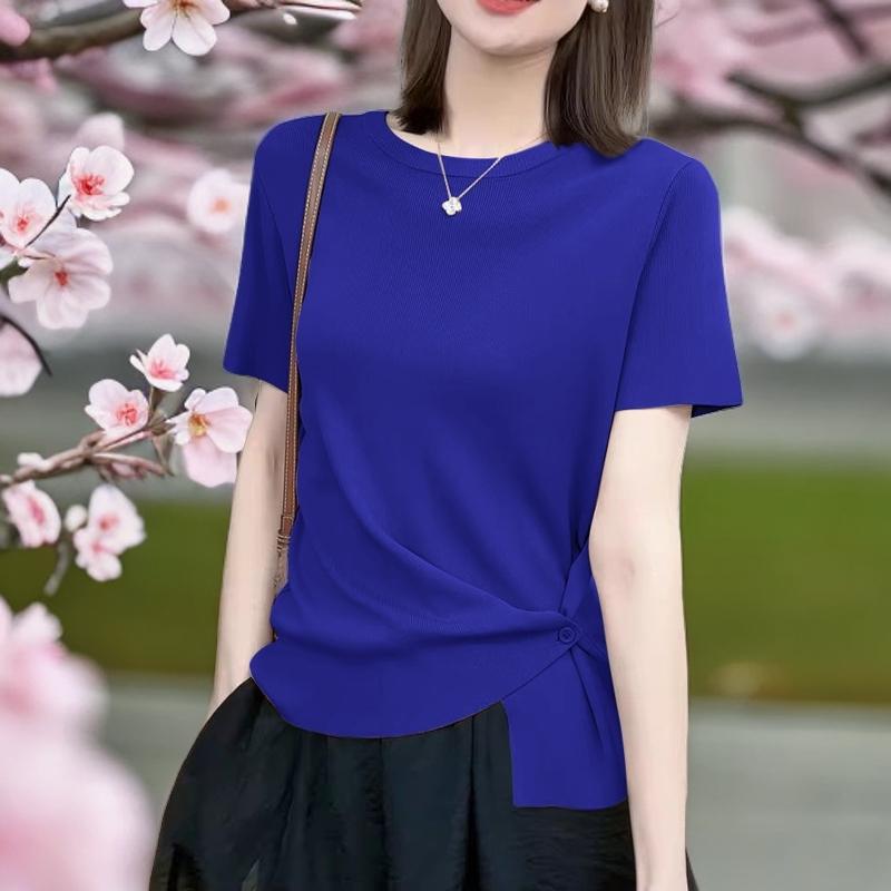 無地 Tシャツ サイドリボン ドレープ 半袖カットソー