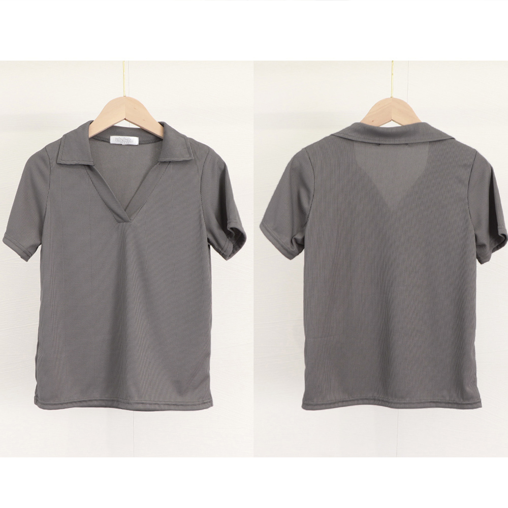 無地 Tシャツ レディース 襟付き 半袖 無地 リブ編み Tシャツ