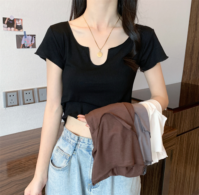 無地 Tシャツ ノッチネック シンプル半袖トップス