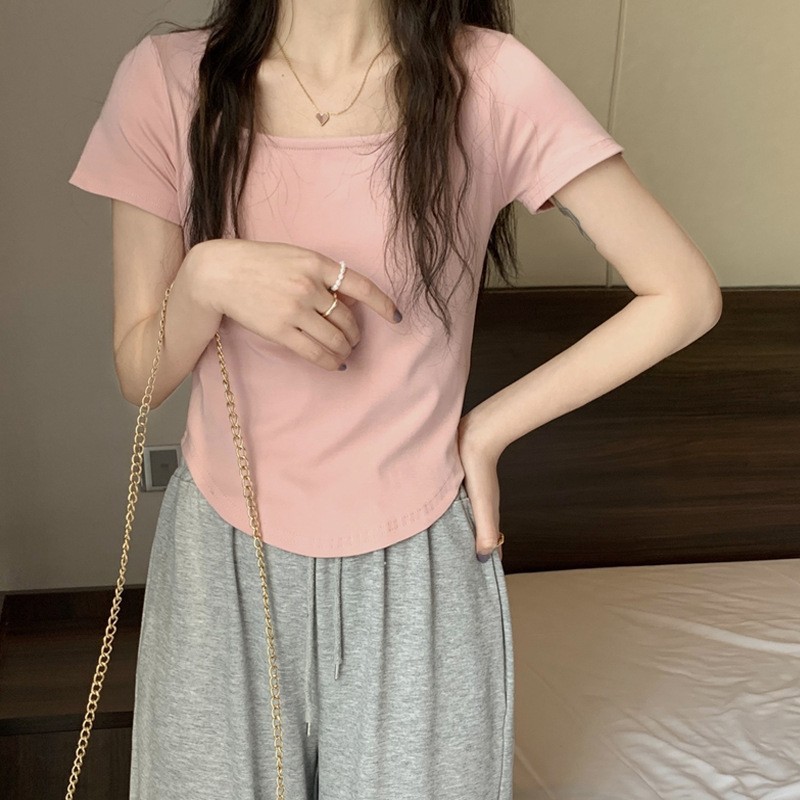 無地 Tシャツ スクエアネック シンプル半袖トップス