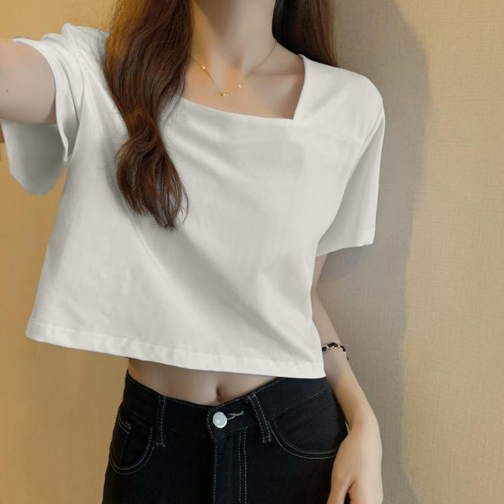 無地 Tシャツ ショート丈無地Tシャツ レディース半袖スクエアネック