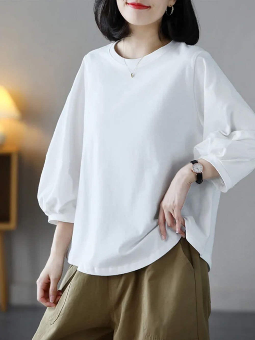無地 Tシャツ ふんわり袖の上質無地七分袖カットソー