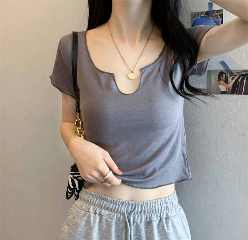 無地 Tシャツ ノッチネック シンプル半袖トップス