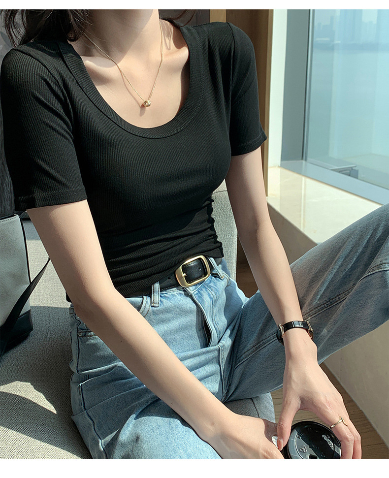 無地 Tシャツ リブ素材スクエアネック半袖トップス
