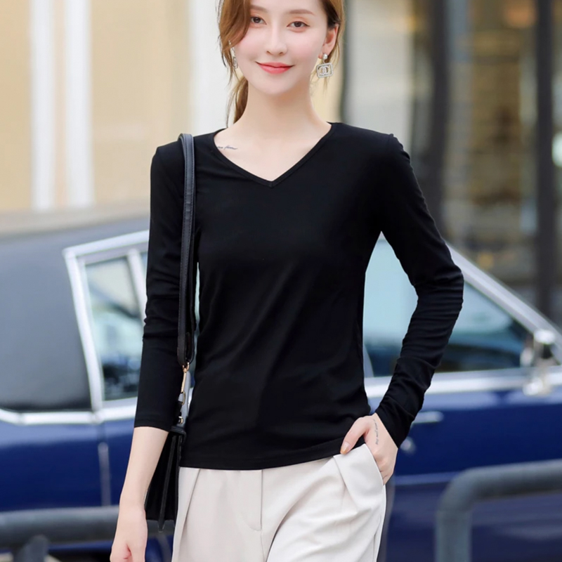 無地 Tシャツ 上品すっきり 長袖Vネックカットソー