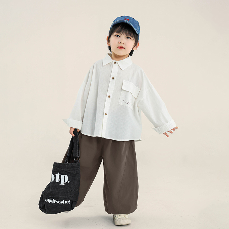 無地シャツ キッズ ゆったりシルエット胸ポケット付き長袖シャツ