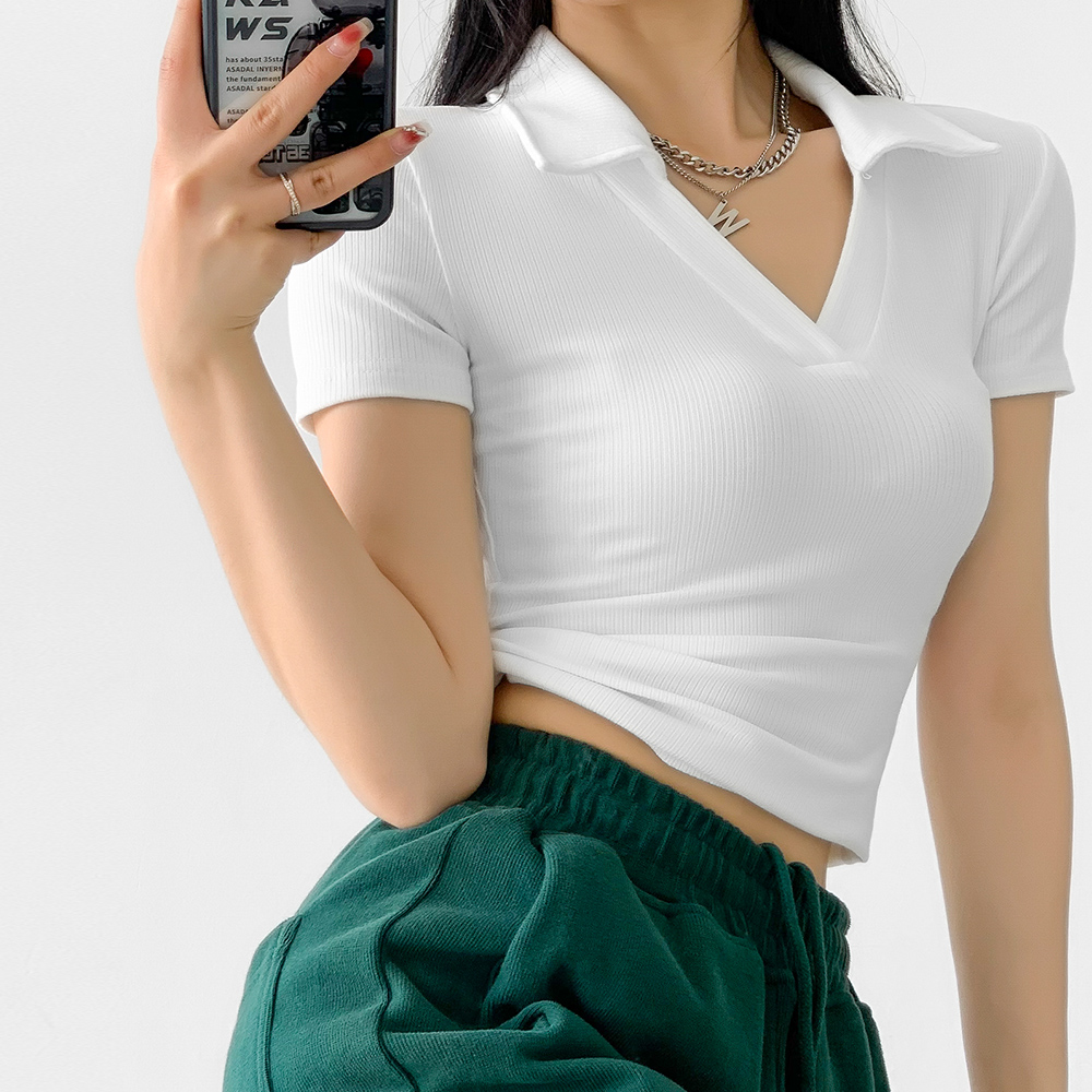 無地 Tシャツ レディース 襟付き 半袖 無地 リブ編み Tシャツ