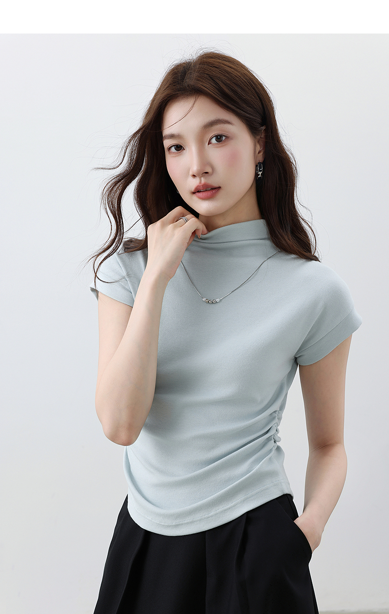 無地 Tシャツ すっきりハイネック無地フレンチ袖