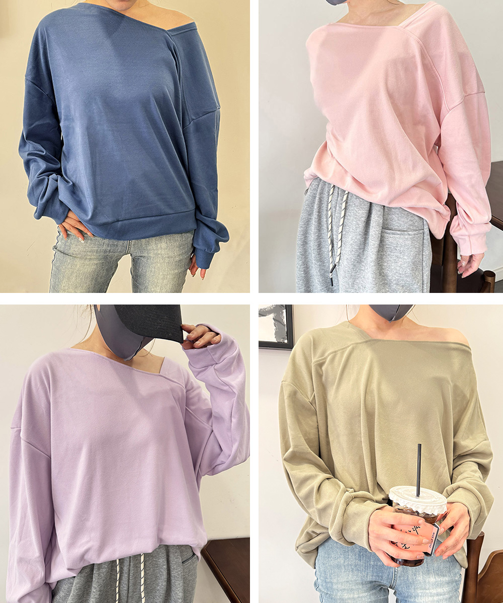 無地 Tシャツ 二通り着こなし無地長袖変形襟トップス