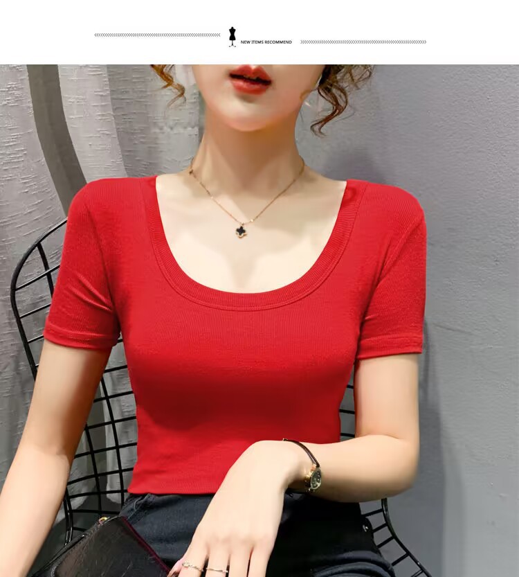 無地 Tシャツ 優美なラインの丸首リブカットソー